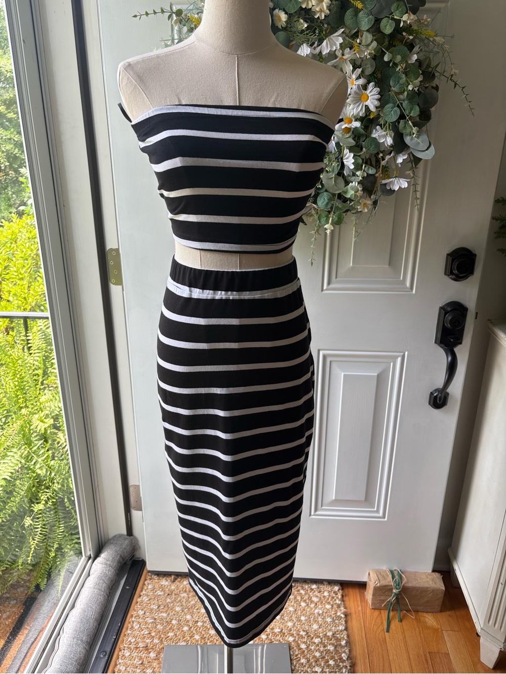 Striped Black & White Midi Skirt Set Classic Women's Pencil Skirt